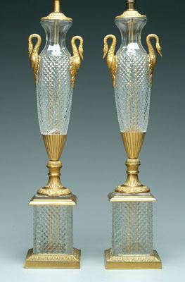 Pair ormolu mounted cut glass lamps: