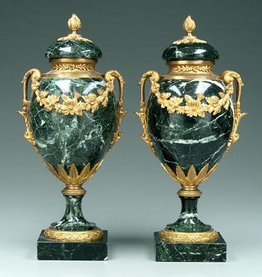 Pair bronze mounted marble urns: