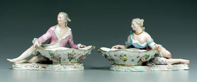 Pair Meissen sweetmeat stands: reclining