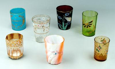 Seven enameled tumblers: green, amethyst,