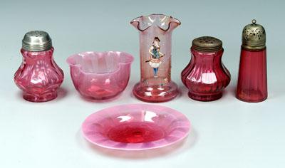 Six pieces cranberry glass: 6 in.