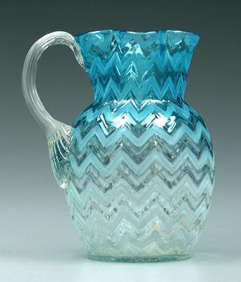 Art glass pitcher, blue to clear, alternating