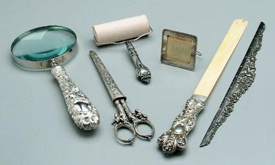 Six silver desk items: magnifying glass