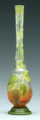 Gallé bud vase, amber and green