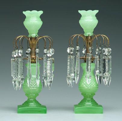 Pair green cut glass candlesticks: