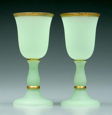 Pair green glass goblets: satin