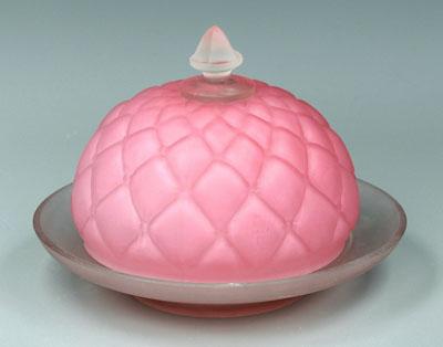 Satin glass dish with cover, pink diamond