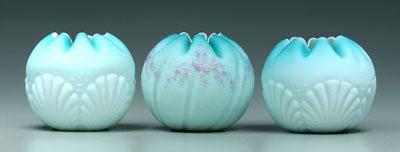 Three blue satin glass rose bowls: two