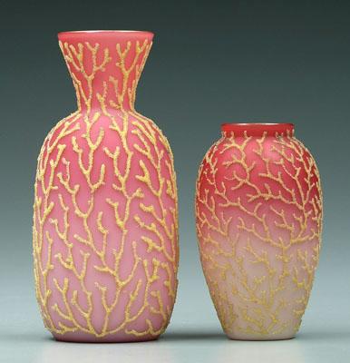 Two coralene satin glass vases: shades