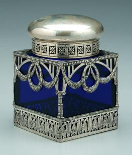 Blue glass and silver decanter, square