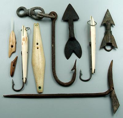Nine fishing related items: three harpoon