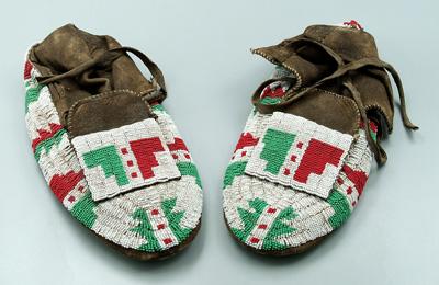 Pair beaded moccasins sinew and 9456a