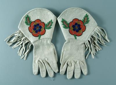 Pair beaded hide gloves: multi-colored