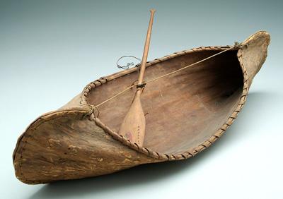 Bark canoe model, woven maple split