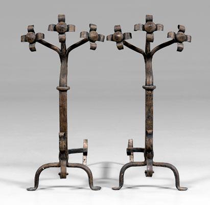 Pair hand-wrought iron andirons: