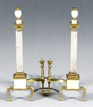 Pair brass and marble andirons: