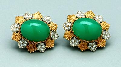 Pair diamond and chrysoprase earrings  9440d