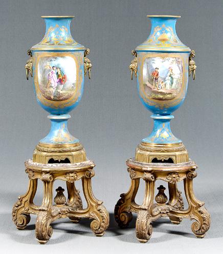 Pair monumental Sevres urns: hand painted