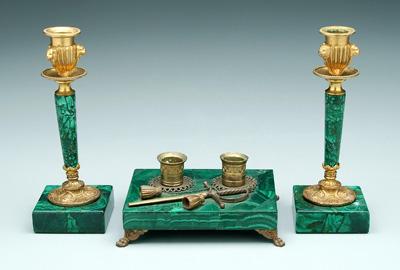 Malachite desk accessories, ormolu mounts: