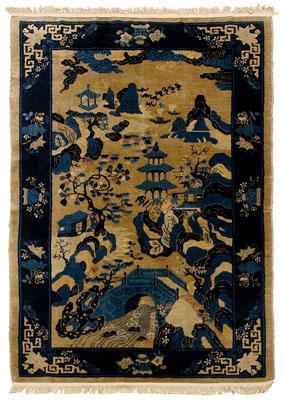 Chinese rug, pagodas and figures