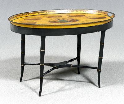 Yellow-painted tole tray on stand,