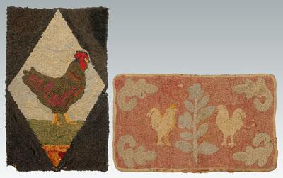 Two hooked rugs with roosters: