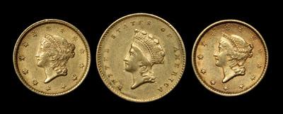 Three U S 1 gold coins one Type 9499e