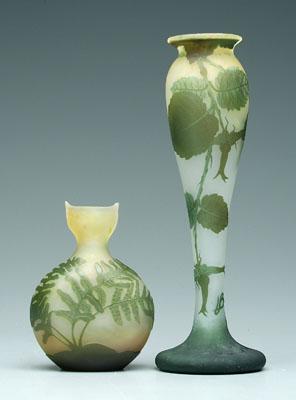 Two art glass vases: one with green