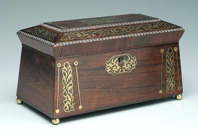Brass inlaid tea box, sarcophagus