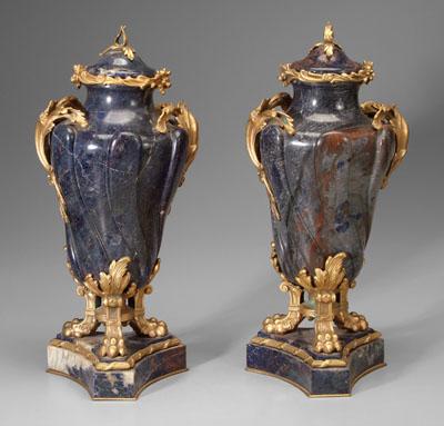 Pair ormolu-mounted sodalite urns: