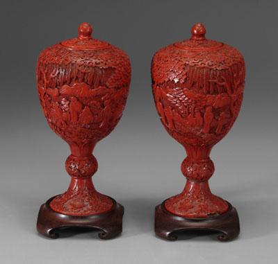 Pair Chinese lacquer lidded urns: