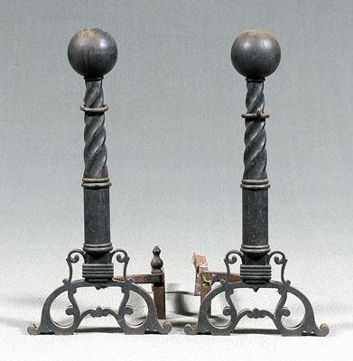 Pair iron andirons each with cannonball 94876