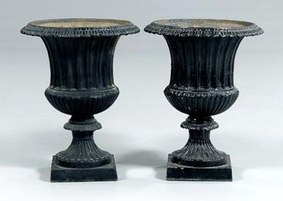 Pair black-painted cast iron urns: