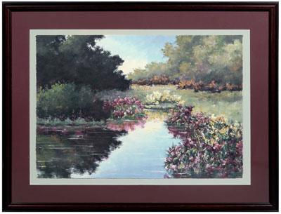 Watercolor, pond and flowers, signed