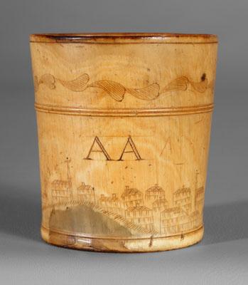 Engraved horn cup shaped as pail 94dc9