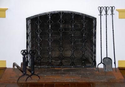 Wrought iron fire screen, andirons