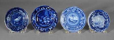 Four blue transfer cup plates: