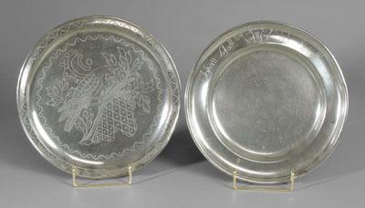 Two engraved pewter plates: one elaborately