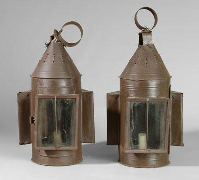 Pair tin lanterns: pierced conical