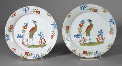 Pair Delft heron plates: each featuring