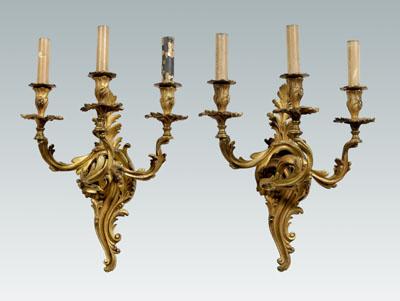 Pair bronze dore sconces: rococo