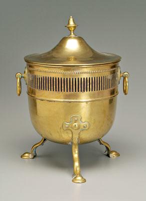 Brass coal hod, urn finial above cylindrical