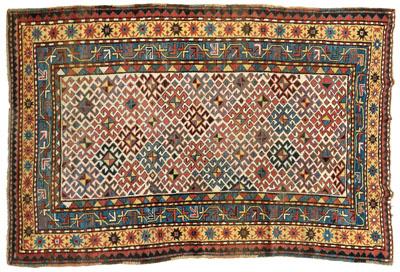 Kazak rug, repeating hook designs