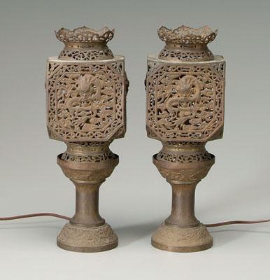 Pair Chinese copper lamps: openwork