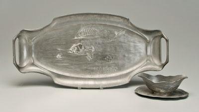 Pewter tray, sauceboat: each with underwater