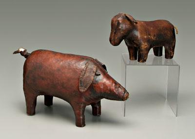 Stuffed leather pig and donkey: