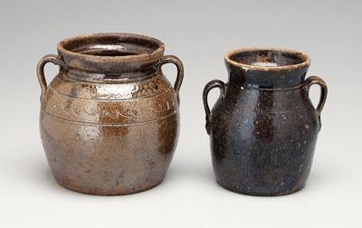 Two stoneware bean pots: both with two