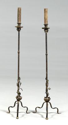 Pair iron torcheres: tripod bases with