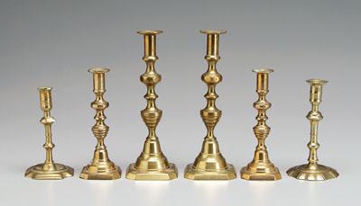 Six brass candlesticks: one pair