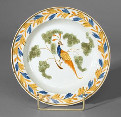 Pearlware peafowl plate, peacock perched